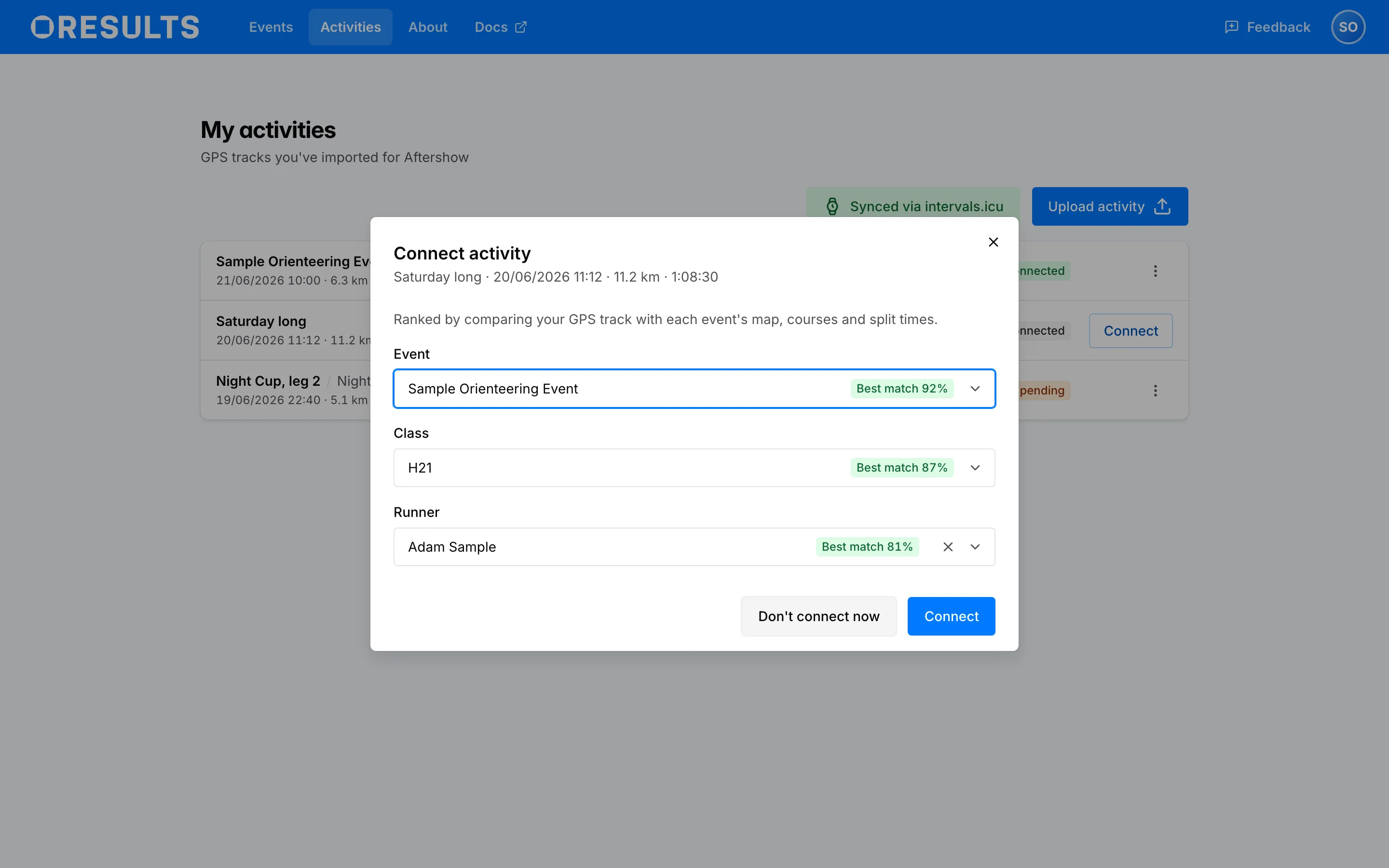 The Connect activity dialog with Event, Class and Runner each preselected and marked Best match
