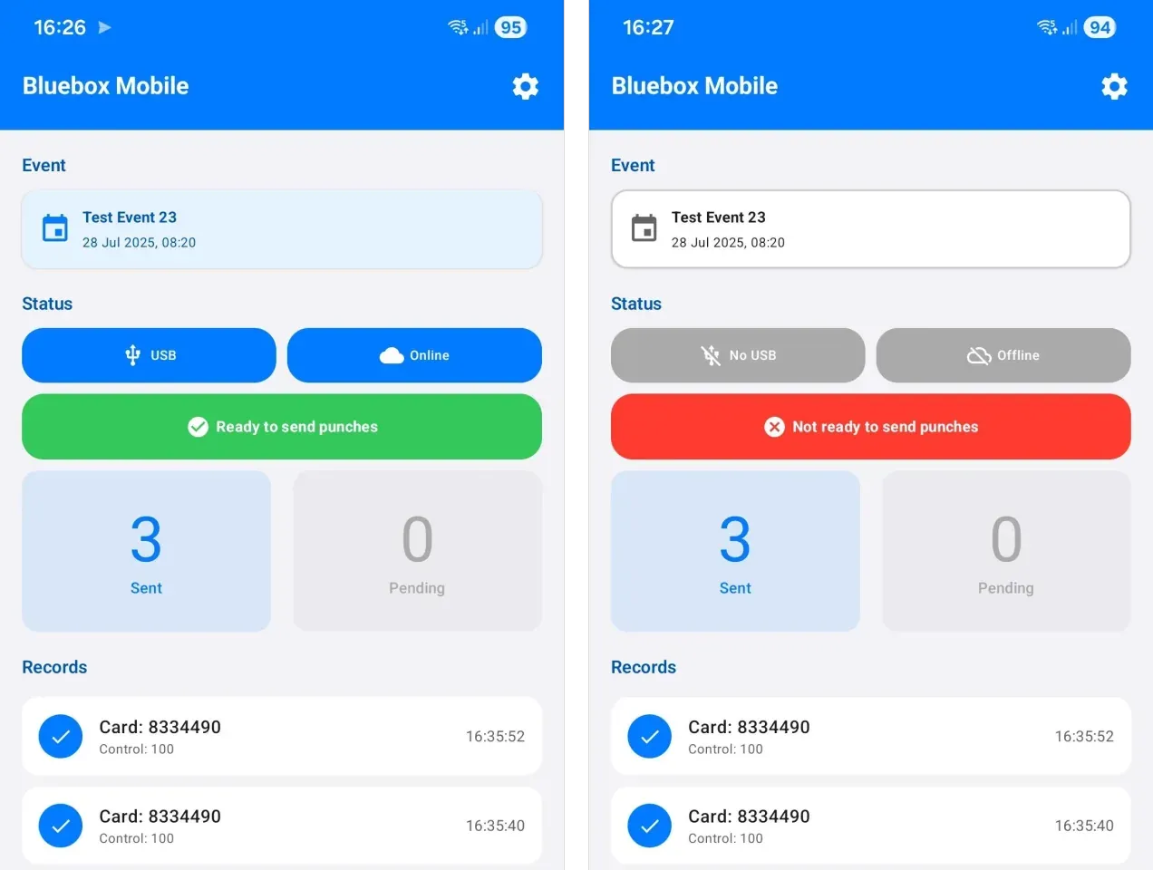 The app’s dashboard: ready to send punches on the left; No USB, Offline and Not ready to send punches on the right