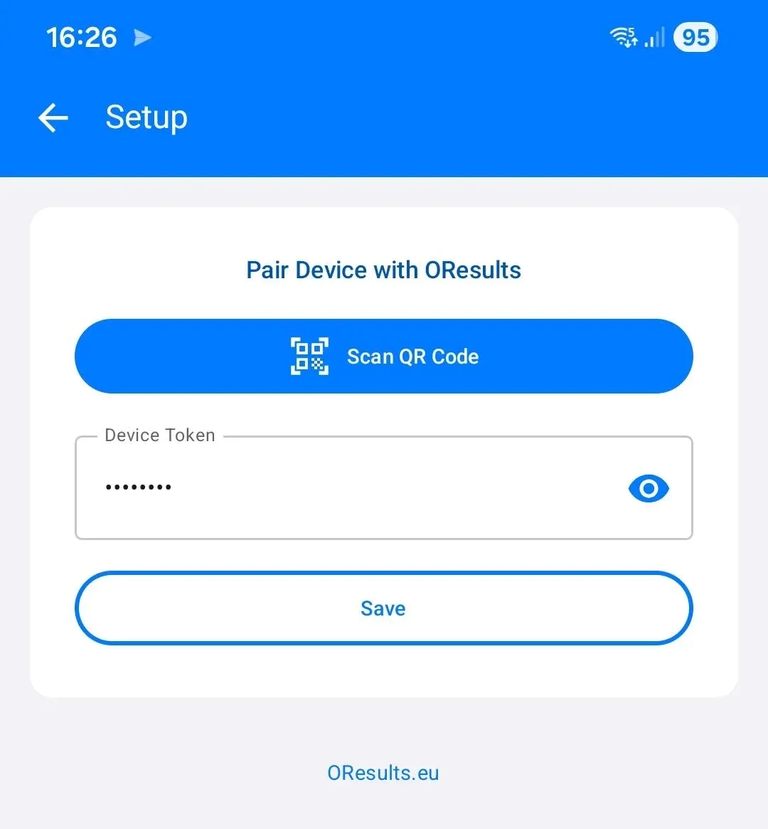 The app’s Setup screen: Scan QR Code above the Device Token field and Save