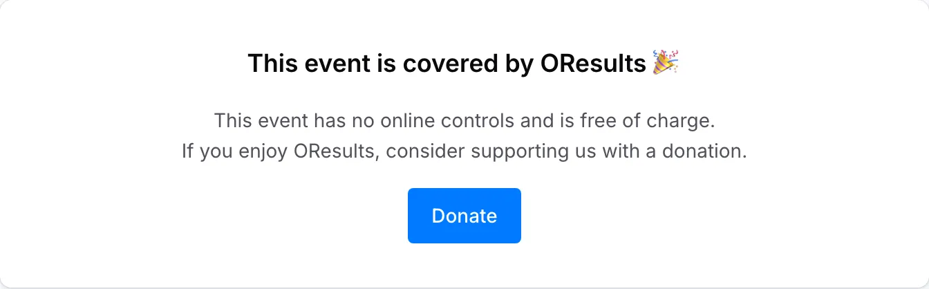 The Billing page of an event without online controls: This event is covered by OResults, with a Donate button
