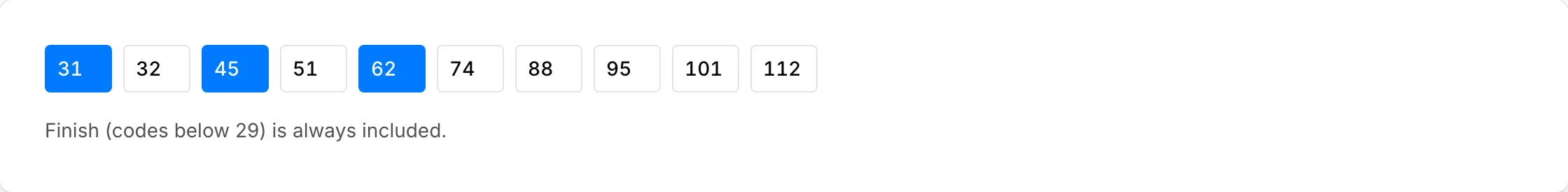 Controls in results with codes 31, 45 and 62 selected