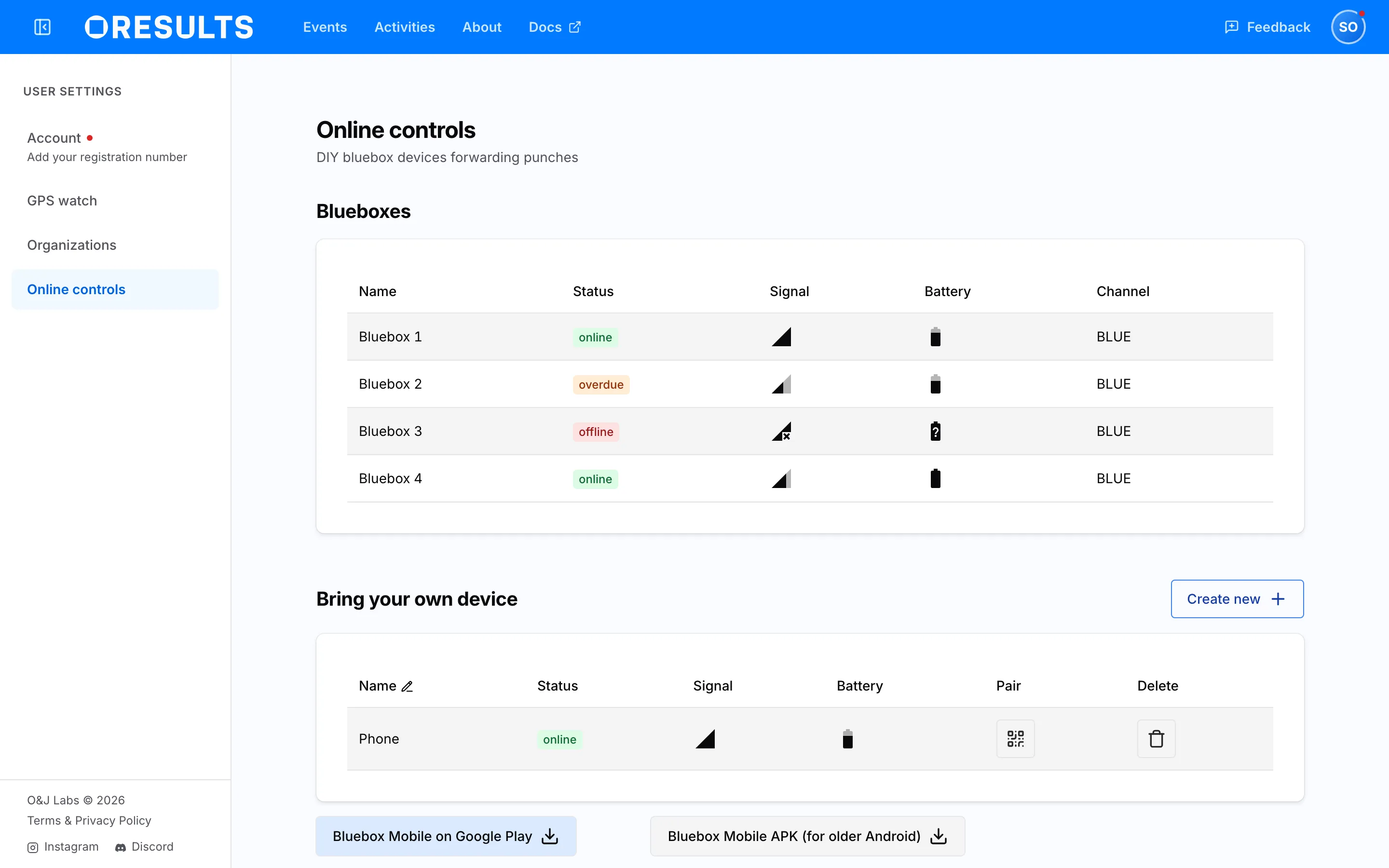 The Settings Online controls page, listing four Blueboxes with their status, signal, battery and channel, and a phone under Bring your own device