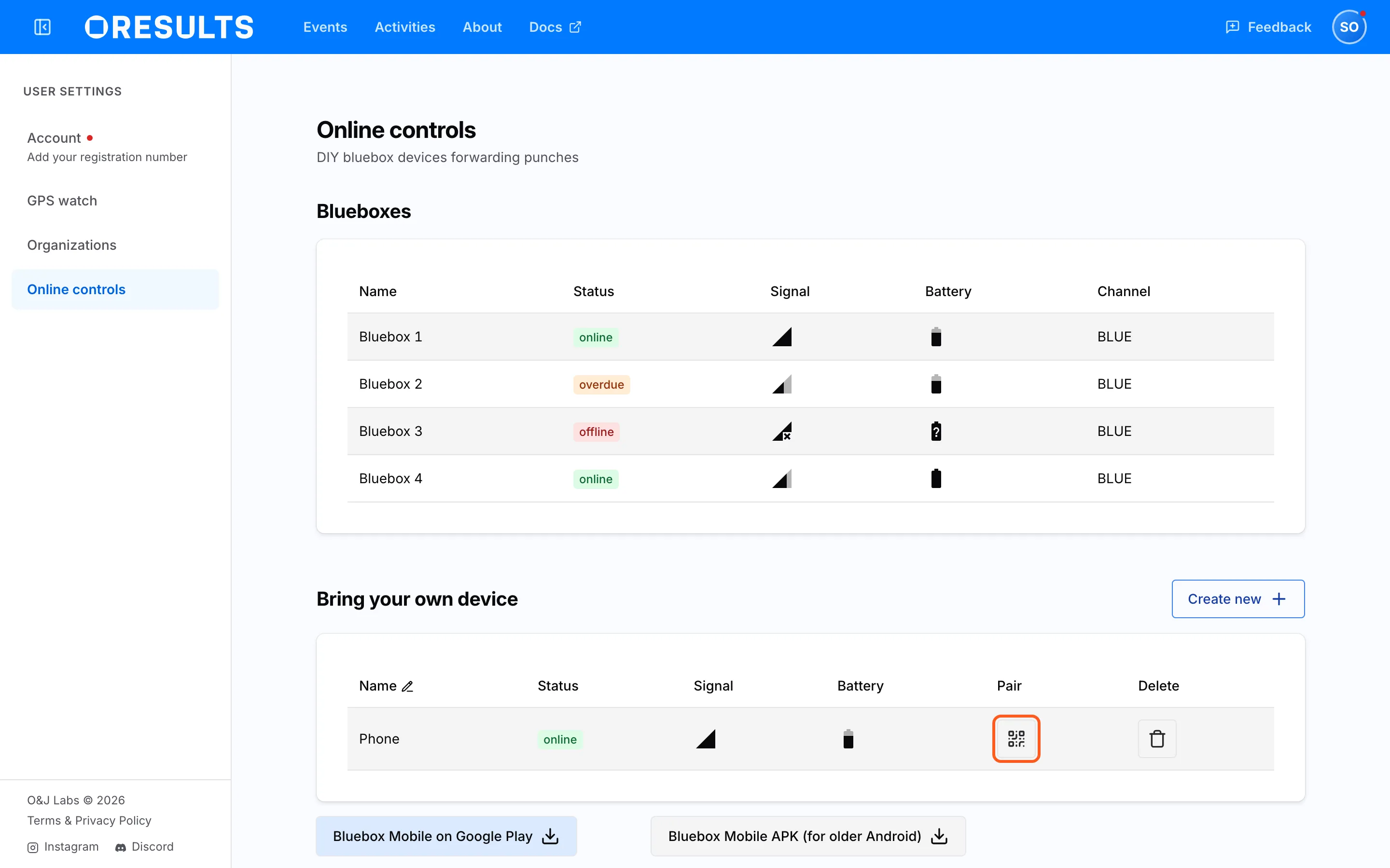 The Online controls page: the Bring your own device table with the Show QR code button highlighted in the Pair column