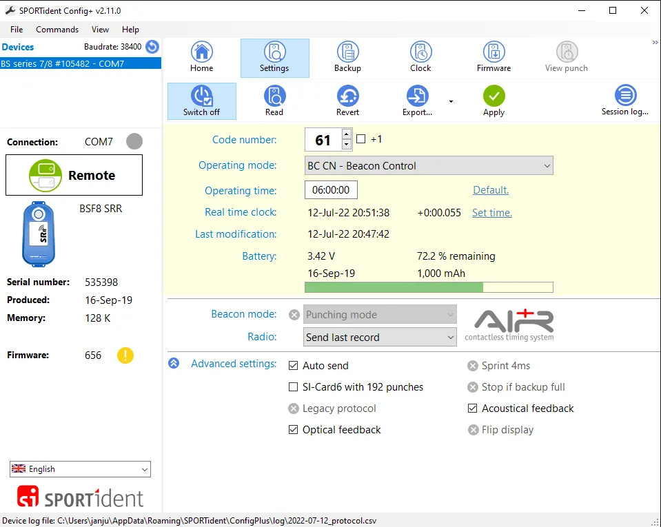 SPORTident Config+ with Auto send checked and Radio set to Send last record, Operating mode BC CN - Beacon Control