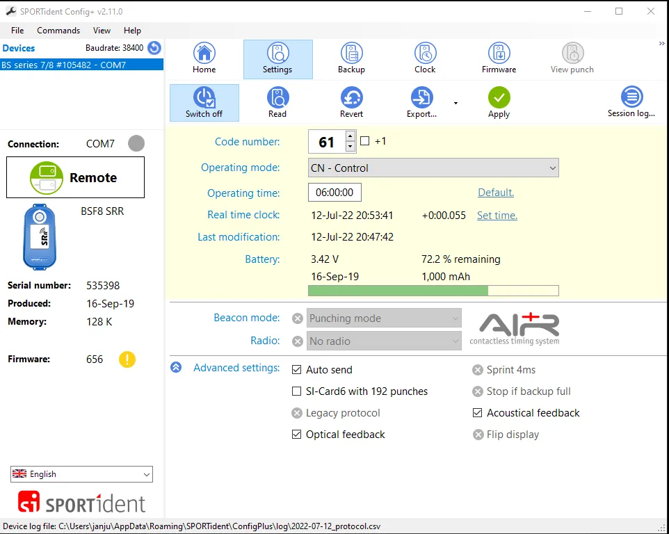 SPORTident Config+ with Auto send checked, Operating mode CN - Control and Radio grayed out at No radio
