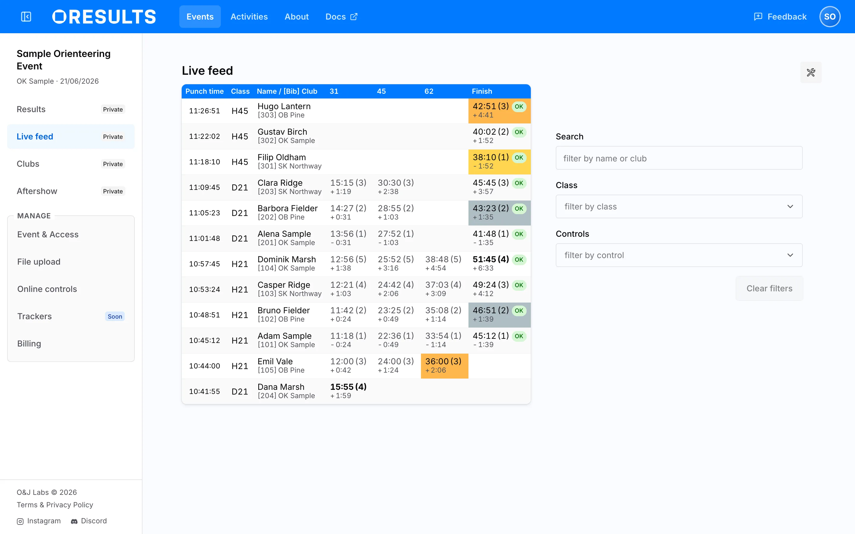 The Live feed with punch times, highlighted latest splits and the filter panel